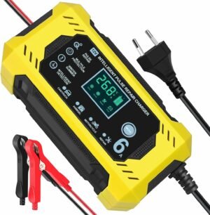 Cargador Baterias Coches Moto 12V 6A Inteligente Completamente Automático con Pantalla Táctil LCD,Automática de Detección Reparación Mantenimiento y Múltiples Protecciones para Plomo-ácido/AGM/Gel