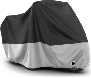 Favoto Funda de Moto Exterior Impermeable - Cubierta de Motocicleta XXXL Oxford Anti Polvo Protección UV con Orificio para Candado Hebilla a Prueba de Viento 265x105x125cm Negro Plata