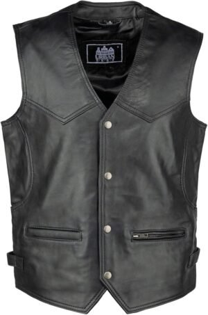 URBAN 5884 Billie Genuino para Hombre Estilo Biker, Piel de Motociclista, Cuero ovino Suave, Chaleco con Cierre de Botón