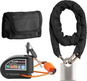 Justech Candado Moto Disco con 2 Modos de Alarma 110 DB+Candado de Cadena para Moto con Cable de Recordatorio y Bolsa de Transporte, Antirrobo Moto Impermeable de Alta Seguridad para Motos,Bicicletas