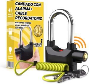 Candado Moto con Alarma - Candado Moto y Alarma de 110 db con Cable Recordatorio Elástico de 1,5 metros - Antirrobo Motos, Bicicletas o Patinetes - Fácil de Usar, Ligero- Pilas Tipo Botón Inlcuidas