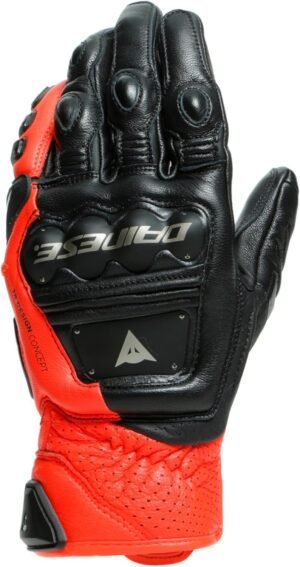 Dainese - 4-Stroke 2 Gloves, Guante de Moto Corto, Guante de Moto de Cuero, Protectores de Nudillos, Hombre, Negro/Rojo Fluo, M