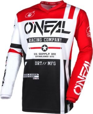 O'NEAL | Maillot Motocross Manga Larga | MX Enduro | Protección Acolchada Codos, Cuello en V, Transpirable | Maillot Element Warhawk V.24 | Adulto | Negro Blanco Rojo | Talla XXL