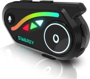 SWAREY Intercomunicador Casco Moto de 2 Vías con Compartir Música, Radio FM, Auriculares Casco Moto Impermeable IP67, Gama Comunicación Intercom de 1000m (2 Paquete)