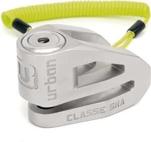 urban UR210S Candado Moto Homologado Sra, Antirrobo Disco Máxima Seguridad, Testado Doble Bloqueo ø10mm, Cerradura Anti-Taladro, Arquitectura Ligera, Cepo Pinza Motos y Scooter, Acero INOX Pulido