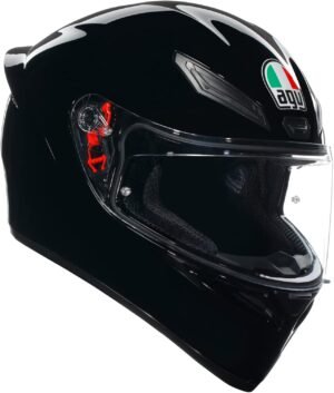 AGV - K1 S E2206, Casco Moto Integral Hombre ECE, con Aleron Aerodinámico, Ventilaciones y Visera Resistente a Arañazos, Campo de Visión de 190°, Intercomunicador Casco Moto, Negro