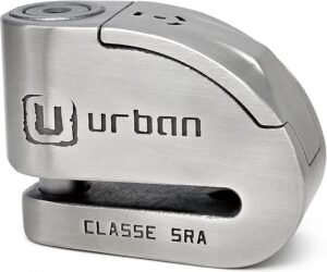 URBAN UR14S Candado Moto Sin/Con Alarma Hi-Tech 120dB+Warning+LED, Máxima Seguridad Homologado SRA Doble Cierre 14mm, Sensibilidad A+, Acero Inoxidable, Antirrobo Moto Pinza Cepo Disco Freno