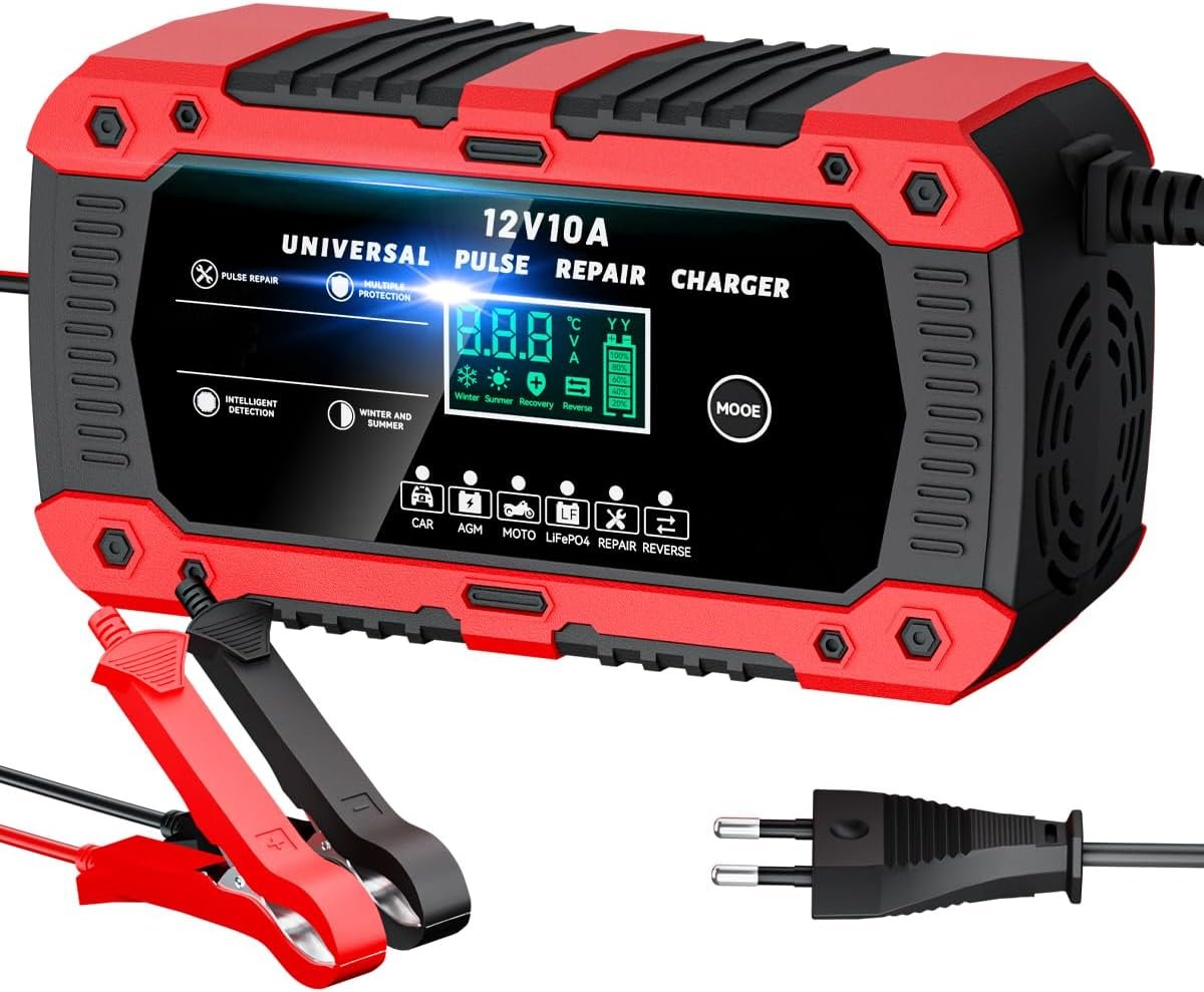 Cargador de Batería de Coche 12V 10A Cargador Baterias Coche y Moto con Pantalla Táctil LCD Inteligente y Múltiples Protecciones Cargador de Batería para Auto Moto Camión AGM, Gel, SLA | Pantalla Táctil LCD Inteligente,Protección de Seguridad Múltiple,Modo de Reparación,Para Auto Moto Camión